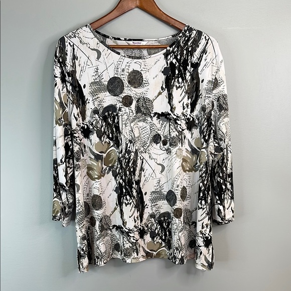 TanJay Abstract Print Relaxed Top Black White Taupe Long Sleeve Top Stretch 2X - Picture 10 of 10